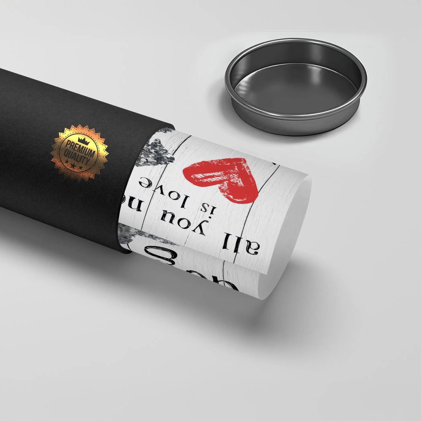 2Rolled dog quote poster being taken out of a black 'Premium Quality' tube, poster material.