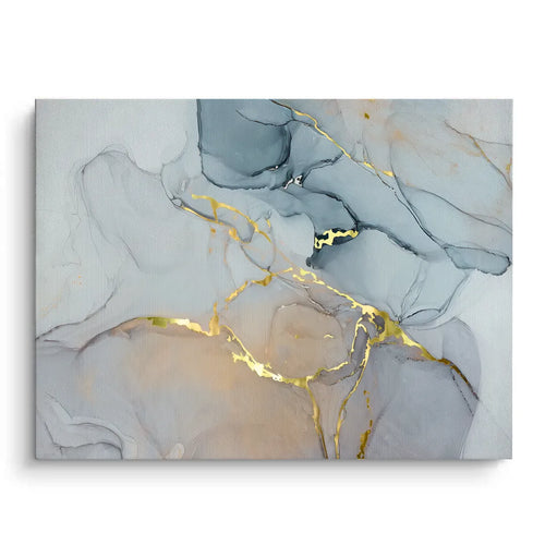 Abstract ink canvas print, gray and gold marbling effect art, fluid art wall decor