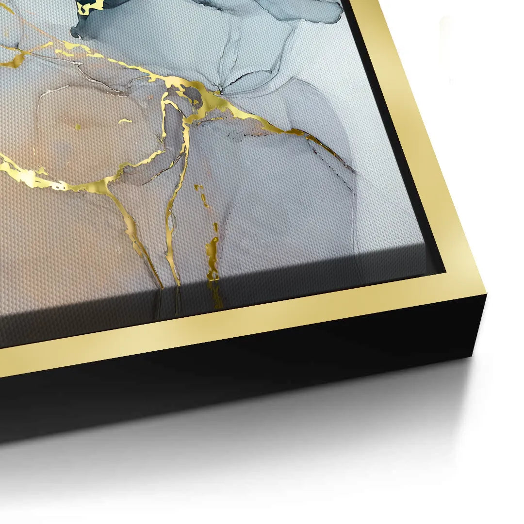 2Close-up corner of canvas print in gold box frame, gray and gold fluid art
