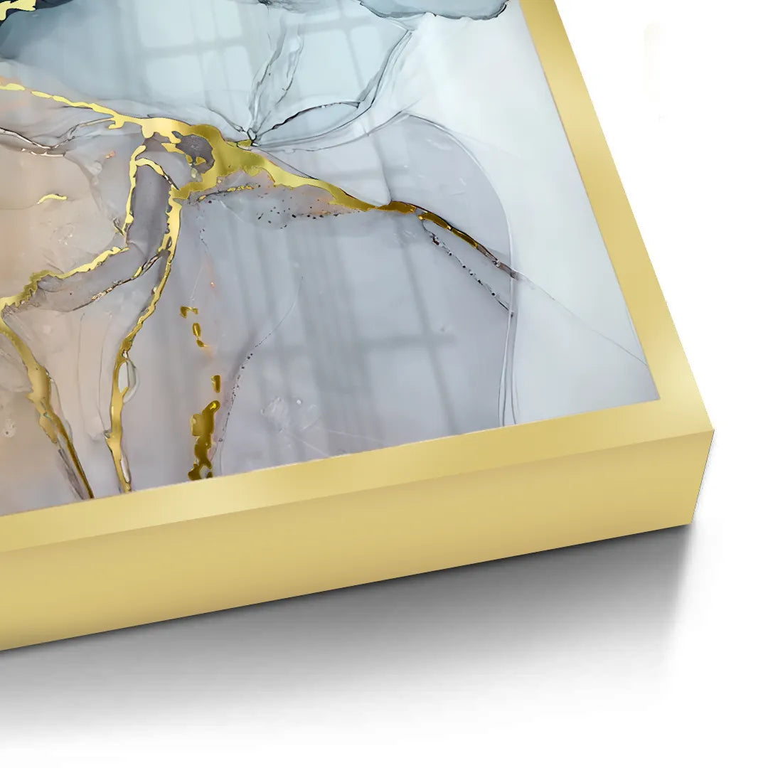 2Close-up corner of gold framed abstract fine art print, gray and gold fluid art