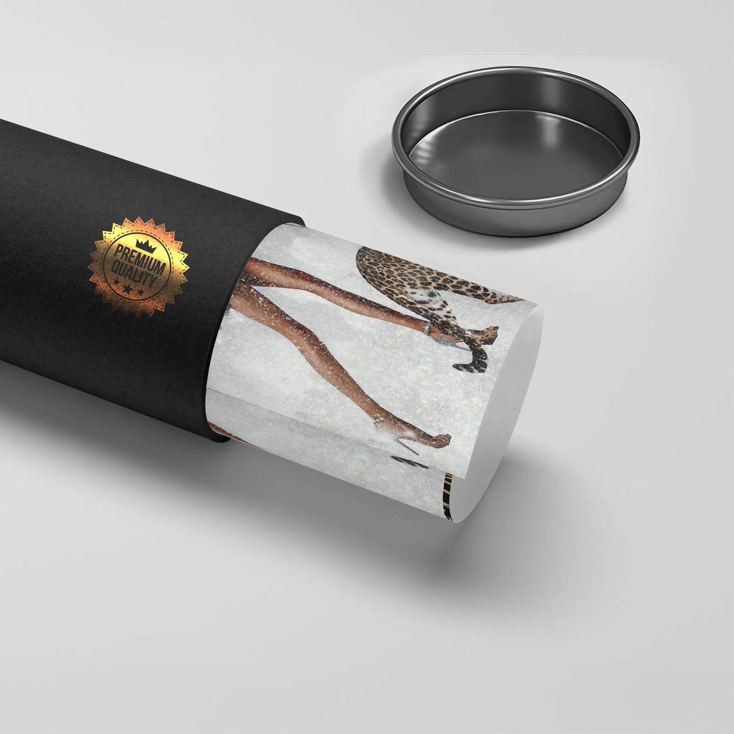 2Rolled up Poster print featuring walking legs and leopard art being shipped in a black "Premium Quality" protective tube