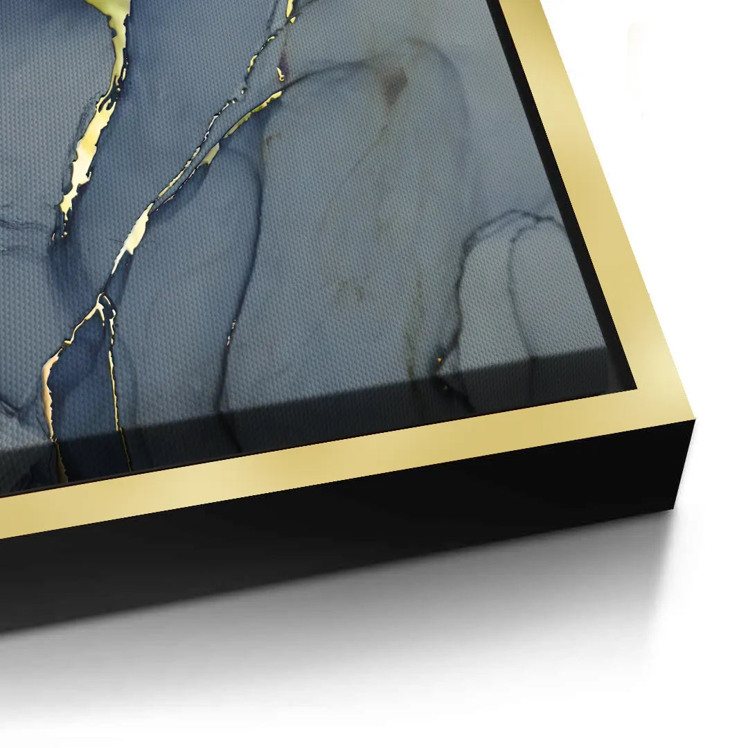 2Detailed corner close-up of a grey, navy blue, and gold abstract canvas art in a gold frame, emphasizing quality UAE Dubai.