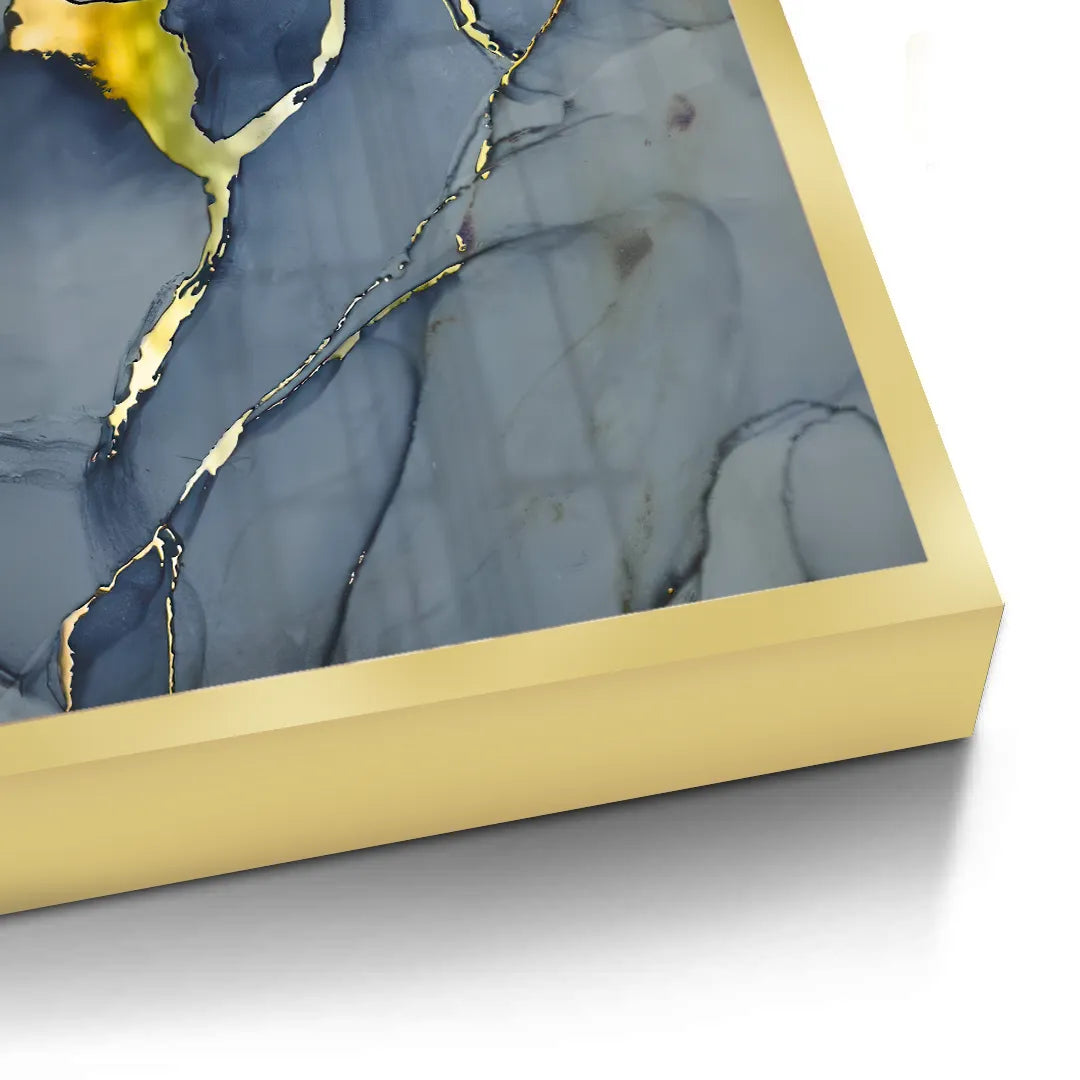 2Detailed close-up corner of a grey, navy blue, and gold abstract fine art print with a gold frame, accentuating the metallic sheen UAE Dubai.