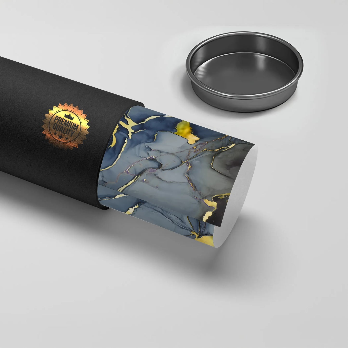 2Premium quality black tube packaging with grey, navy blue, and gold abstract marble poster rolled inside UAE Dubai.