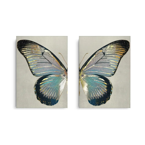 Set of 2 butterfly wing canvas prints teal gold and black accents