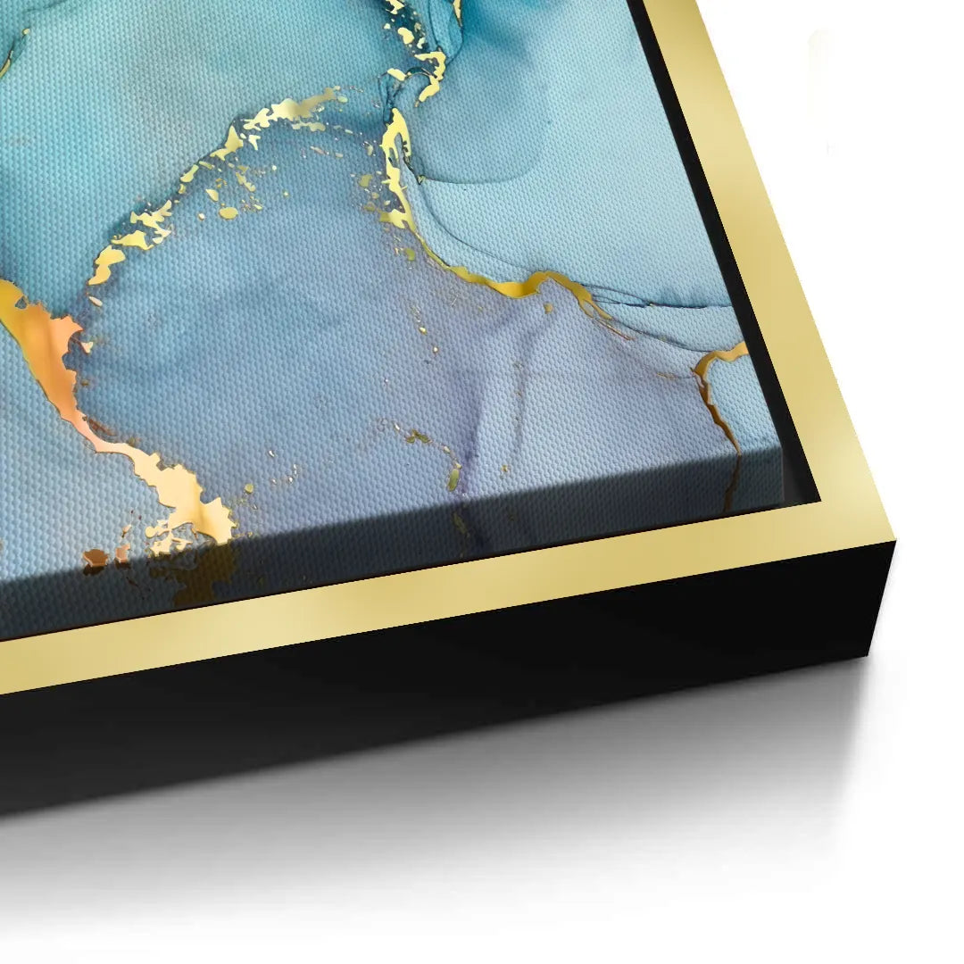 2Detailed corner close-up of a teal, blue, and gold abstract canvas print in a gold frame, emphasizing canvas texture UAE Dubai.