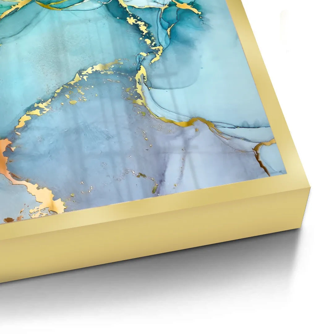 2Detailed corner view of a teal and gold abstract fine art print with a thick gold frame UAE Dubai.