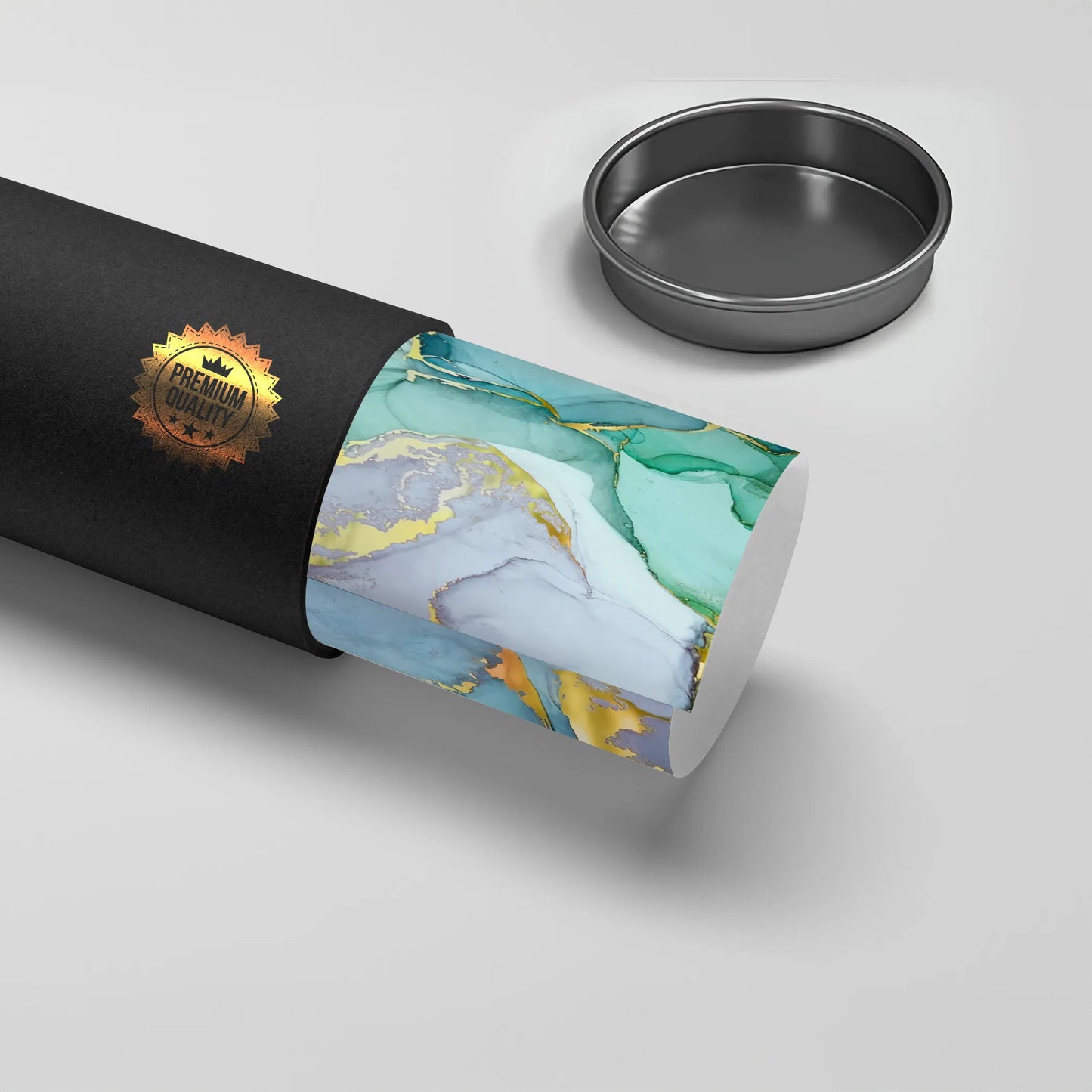2Premium quality black tube packaging with teal, mint, and gold abstract marble poster rolled inside UAE Dubai.