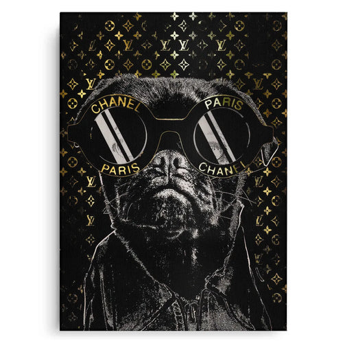 Canvas wall art featuring a Pug in Chanel Paris sunglasses on a black and gold designer logo background.