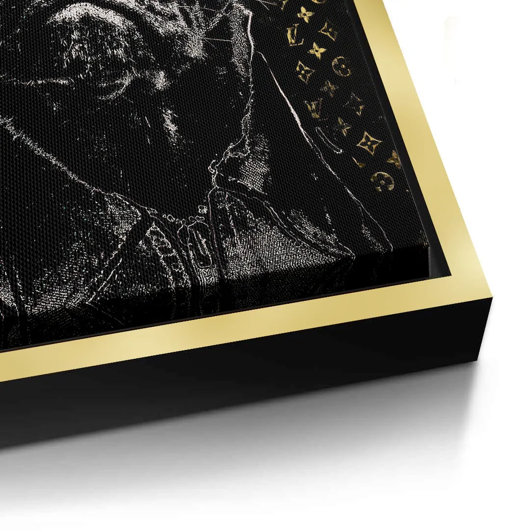 2Close-up of the gold frame detail on the Pug canvas art print.