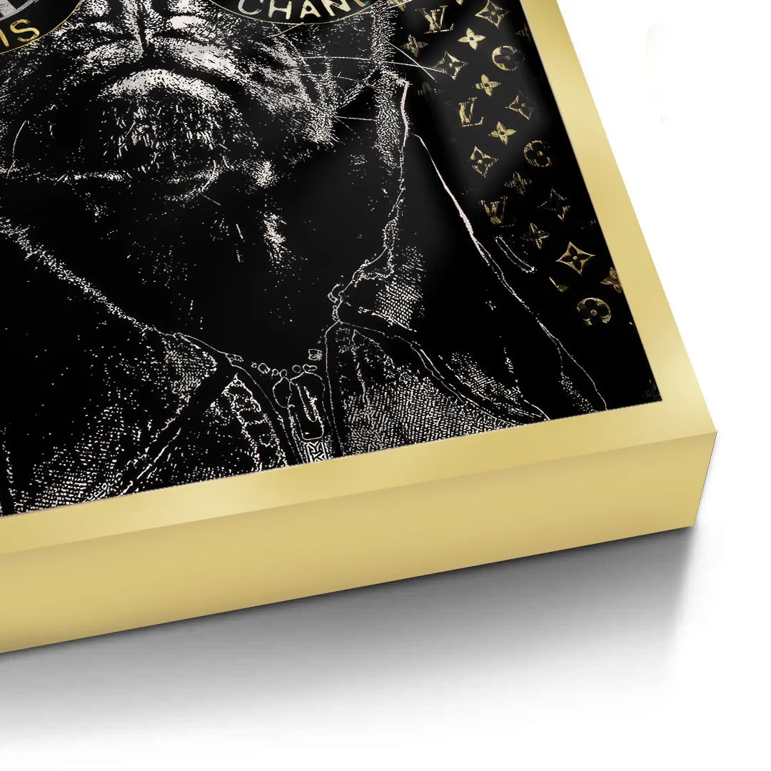 2Close-up of the thick gold frame and the detail of the Pug Fine Art Print on black.