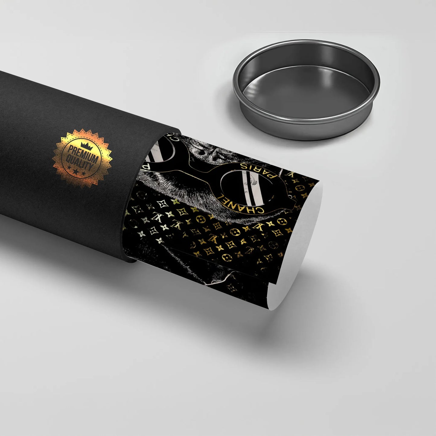 2Black poster shipping tube with 'Premium Quality' seal, showing the rolled Pug art poster with gold logo background.