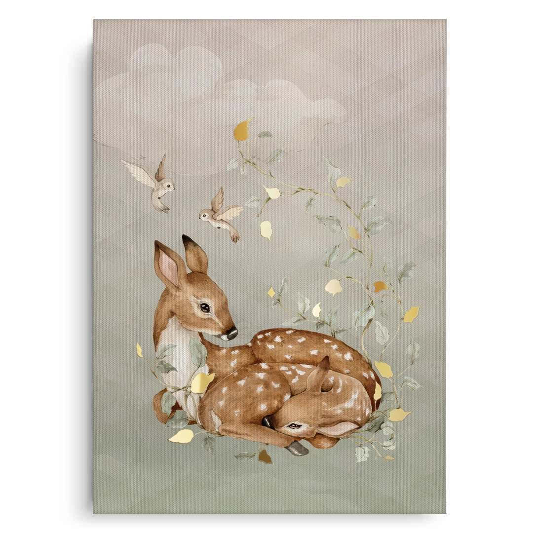 2Resting Deer & Gold Leaves  - Canvas