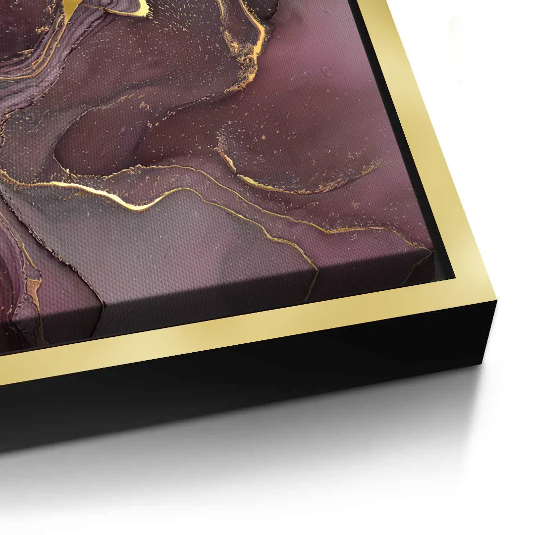 2Detailed corner view of a plum and gold abstract canvas print with a thick gold frame, emphasizing quality UAE Dubai.