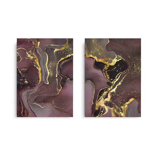 Set of two deep wine, plum, and gold abstract canvas prints, featuring a dramatic flowing marble design UAE Dubai.