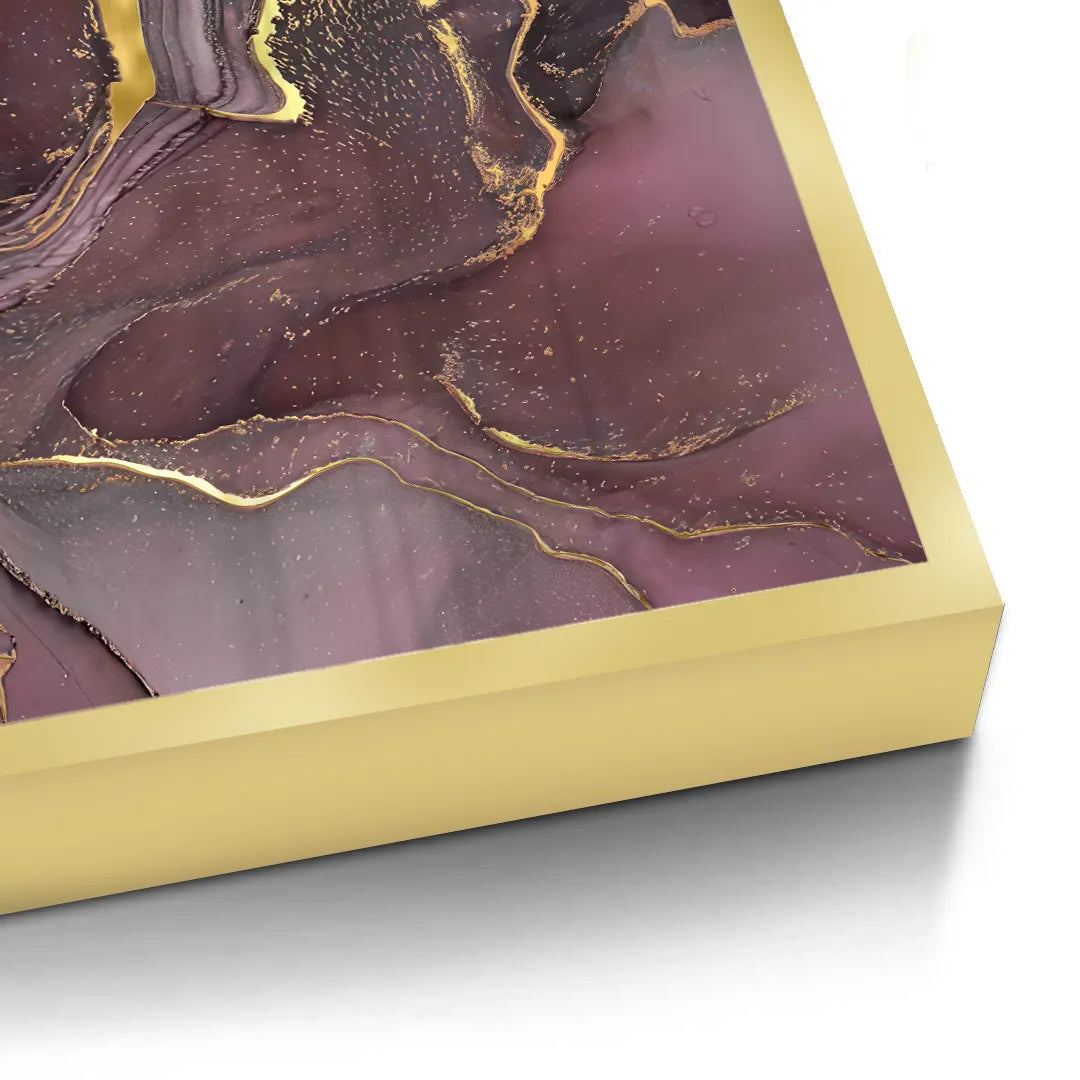 2Detailed corner view of a plum and gold abstract fine art print with a thick gold frame UAE Dubai.