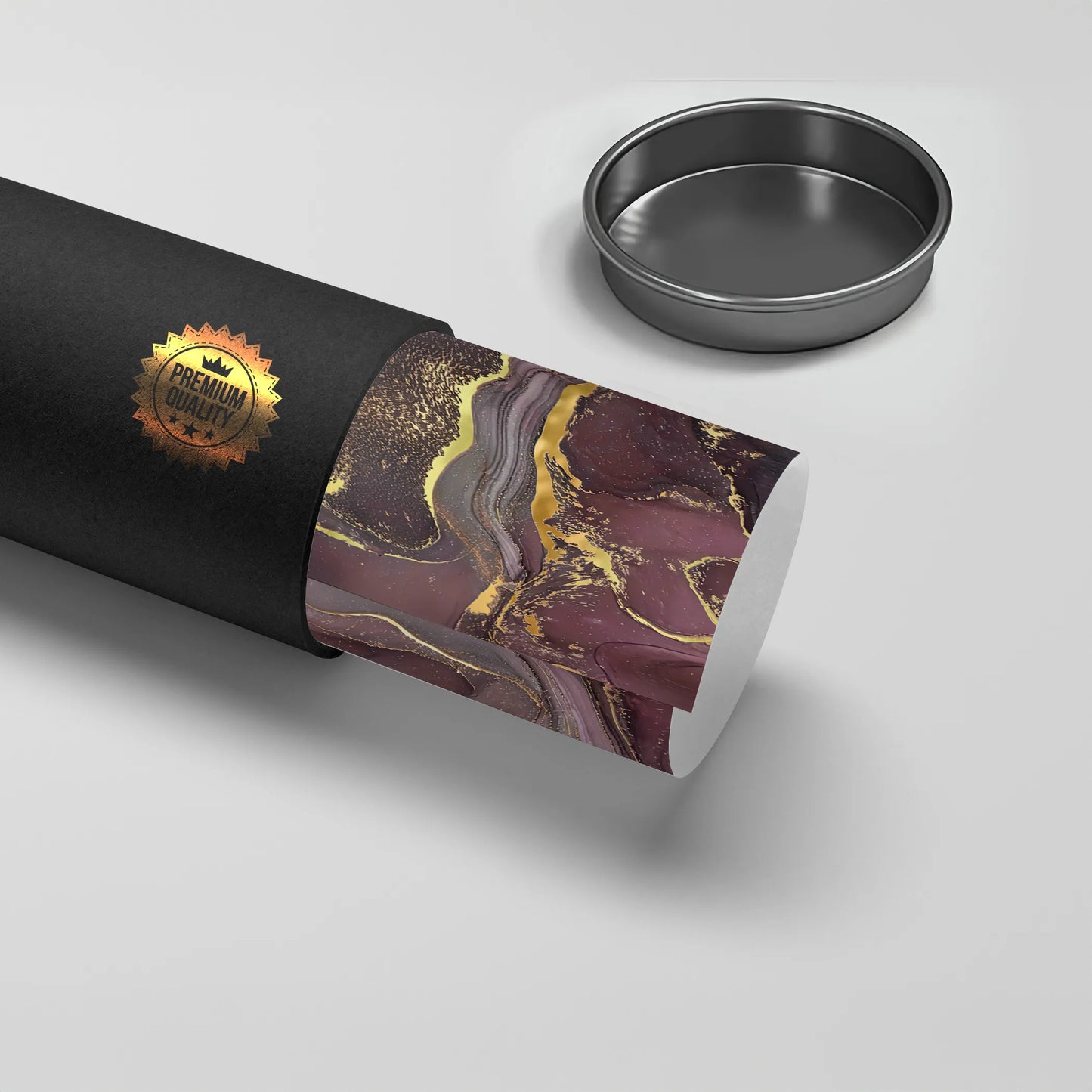 2Premium quality black tube packaging with a deep wine and gold abstract marble poster rolled inside UAE Dubai.
