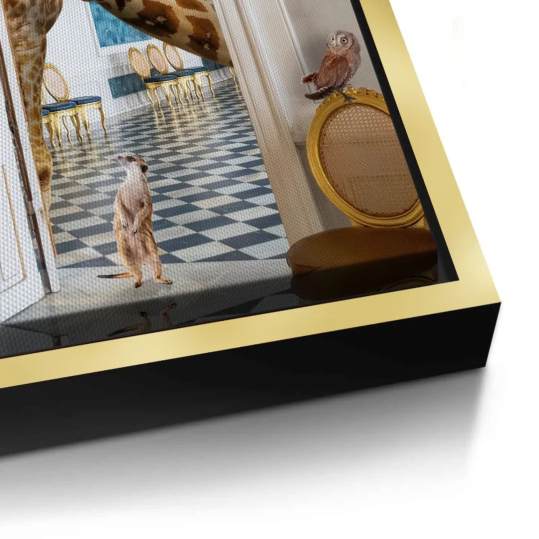 2Close-up of the meerkat on the giraffe canvas print, showcasing the edge of the gold frame.