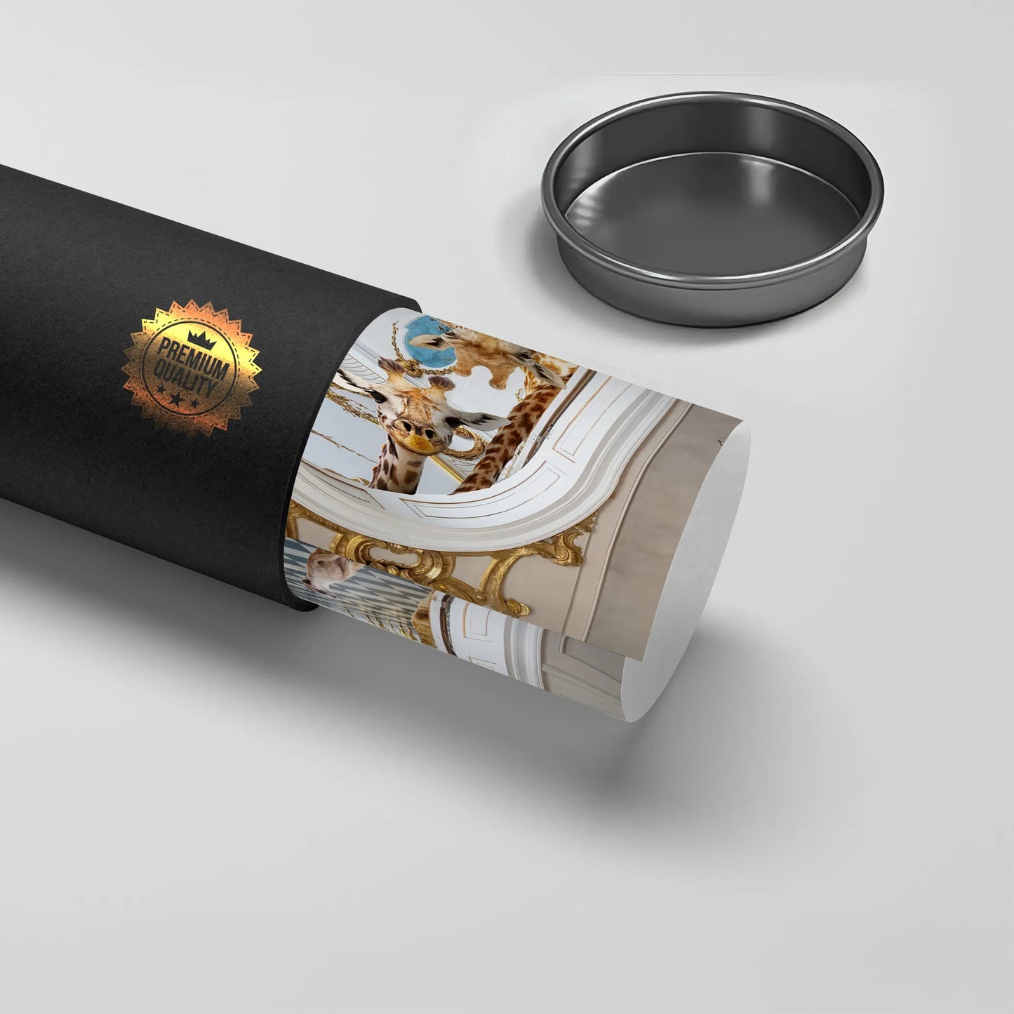 2Rolled giraffes in palace poster being removed from a black premium quality shipping tube.