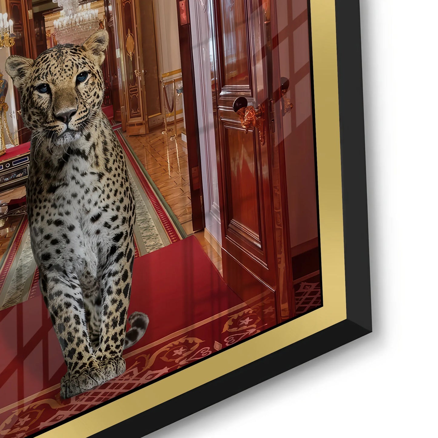2Detailed close-up of the leopard on the red carpet, showcasing the edge of the gold floating frame on the acrylic art.