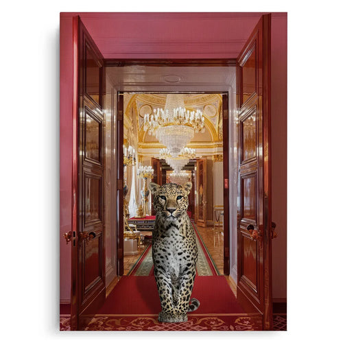 Unframed canvas print of a leopard standing on a red palace carpet between two open doors.