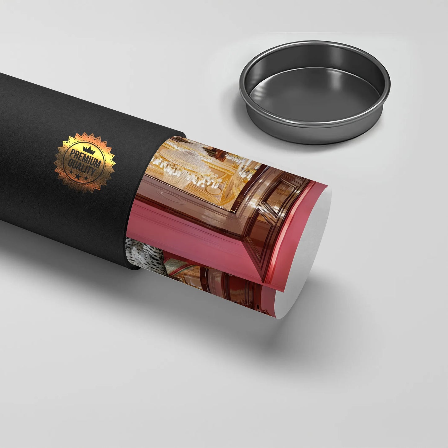 2Rolled leopard in palace poster being removed from a black premium quality shipping tube.