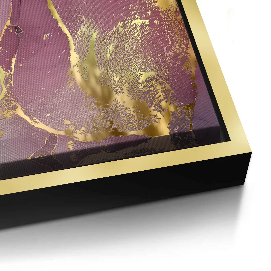 2Close-up corner of canvas print in gold frame, pink, purple, gray, and gold fluid art