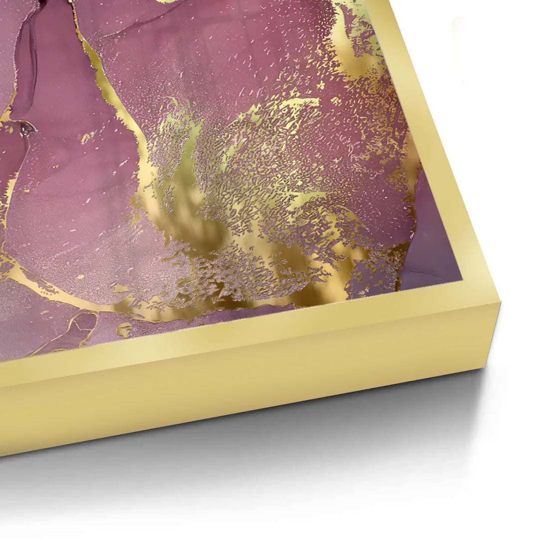 2Close-up corner of gold framed abstract fine art print, pink, purple, and gold fluid art