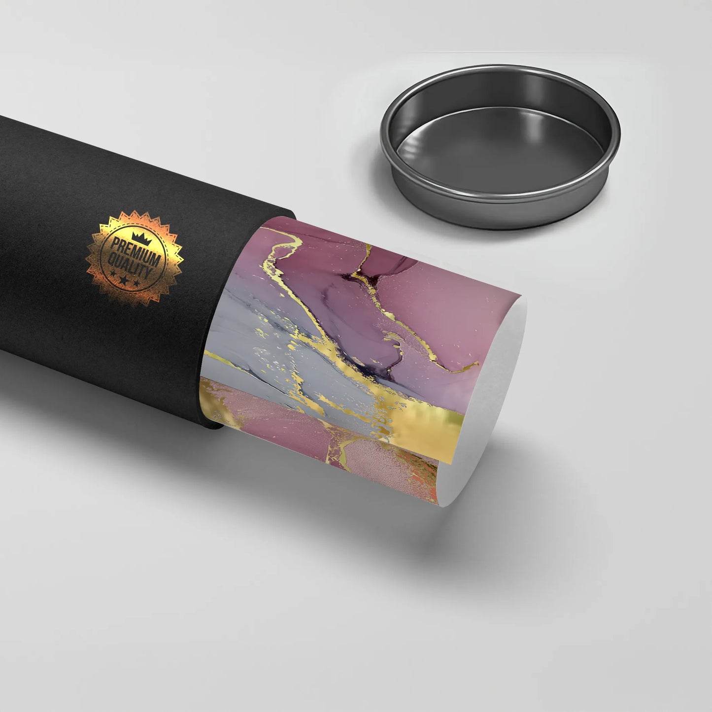 2Abstract ink poster print rolled in black "Premium Quality" tube, pink, purple, gray, and gold marbling art material