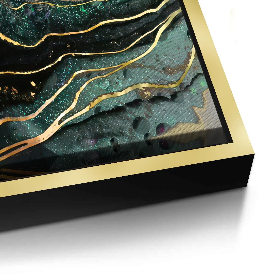 2Close-up of gold framed Canvas art, abstract teal and gold wave pattern, deep gallery wrap edge, UAE Dubai.