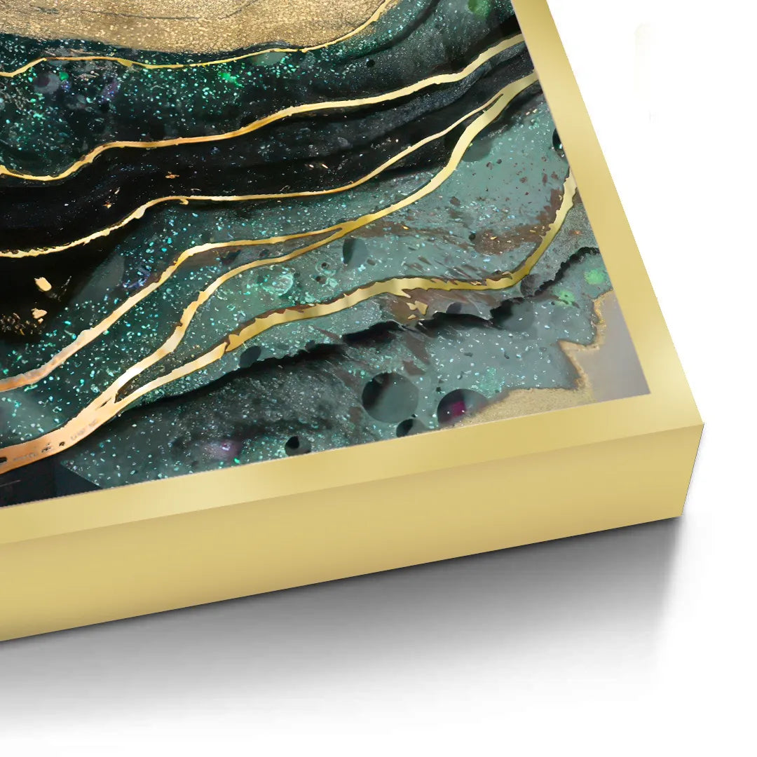 2Close-up of Fine Art canvas edge detail, showing depth of the gold framed abstract painting, Dubai.