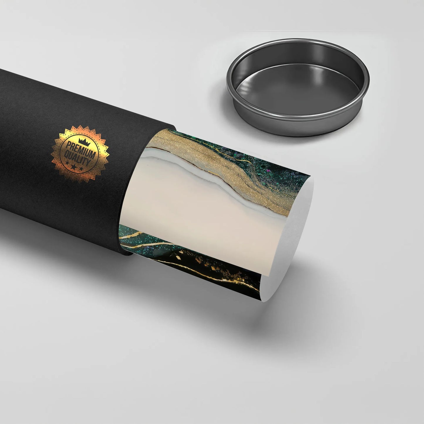 2Premium quality rolled poster in black tube, abstract emerald gold marble art, wall decor UAE