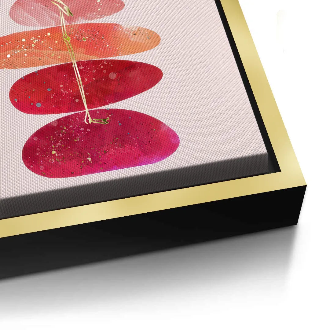 2Close-up detail of the 'Balance, Baby' canvas print art and the gold frame edge.