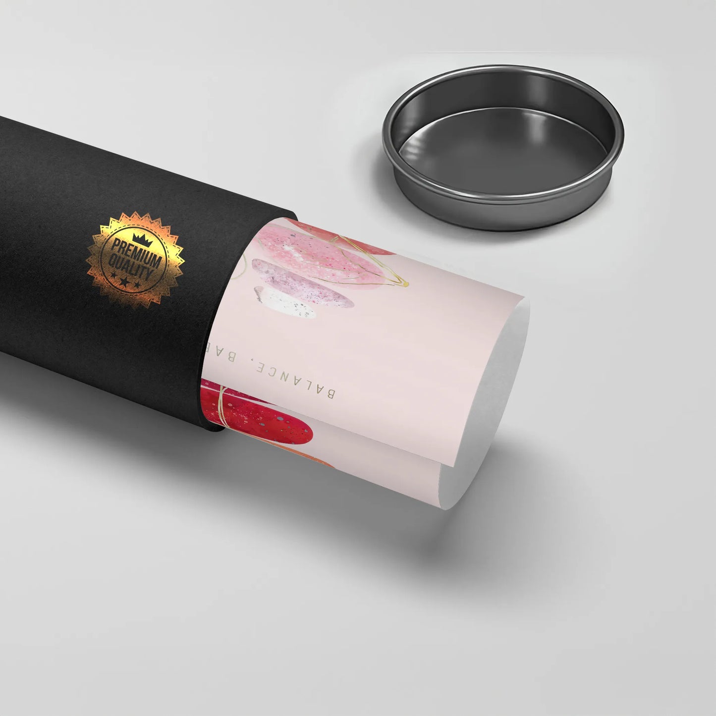 2Rolled 'Balance, Baby' poster, material is poster paper, being taken out of a black 'Premium Quality' tube.