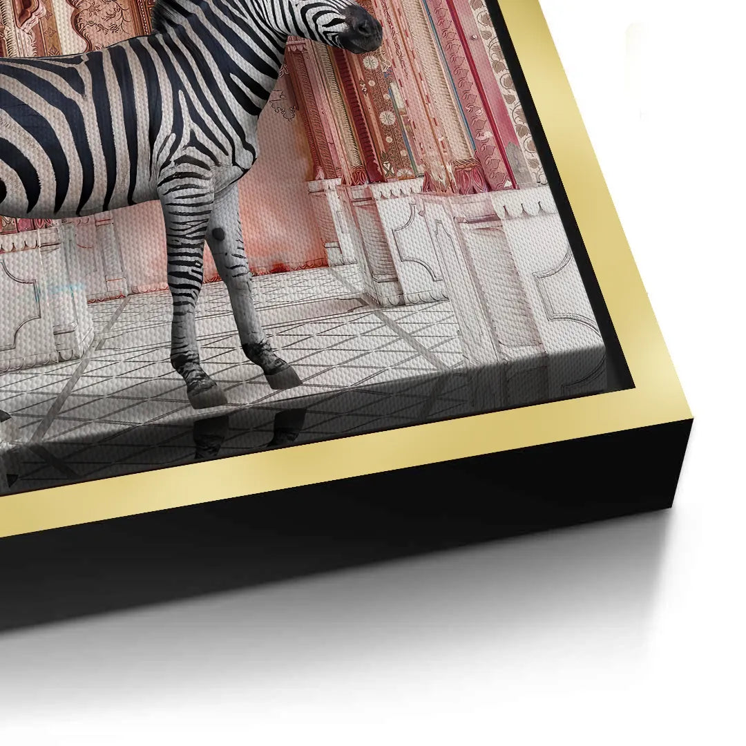 2Close-up side view of the thick gold frame on the stretched Canvas art