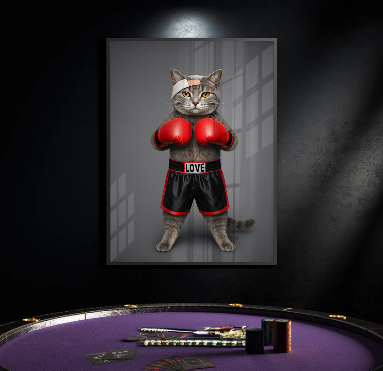 2Fight for Love Black Frame Canvas Art Framed picture of a cat in boxing attire with 'LOVE' on the shorts, displayed on a dark wall above a poker table.