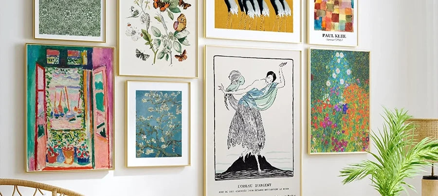 Gallery wall of framed art prints on sale