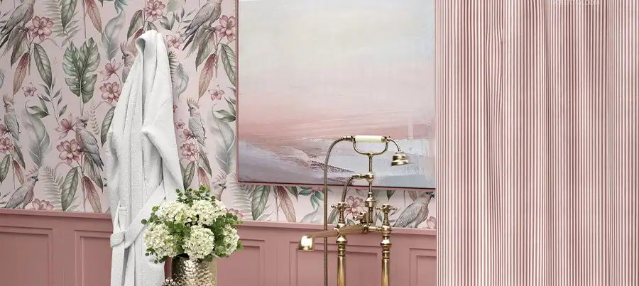 Floral wallpaper in a blush pink bathroom
