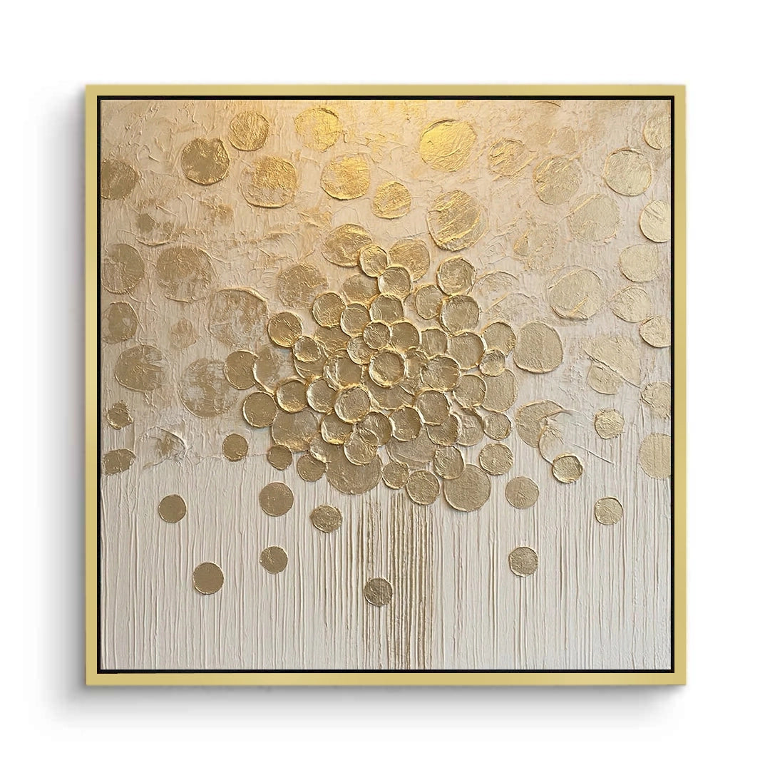 Large 3D metallic floral wall sculpture in shimmering champagne gold, a bold architectural statement for a luxury Dubai apartment.