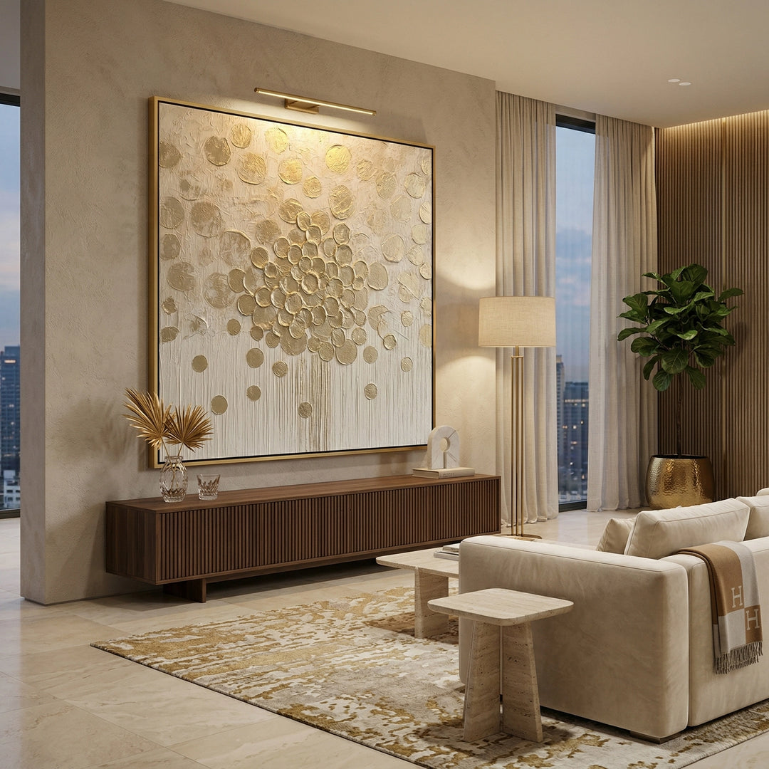Hand-painted 3D metallic floral abstract art with raised silver petals and light-reflective textures, perfect for a modern Abu Dhabi living room.