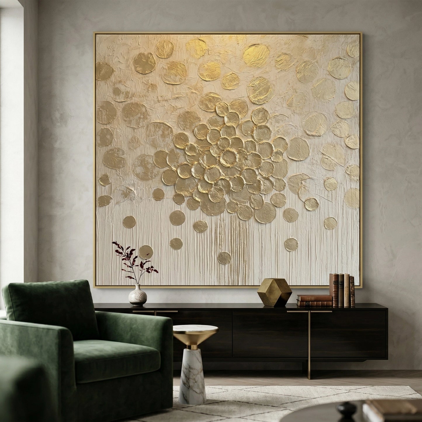 2Minimalist 3D metallic floral canvas art in brushed bronze and copper tones, premium sculptural decor available in the UAE.