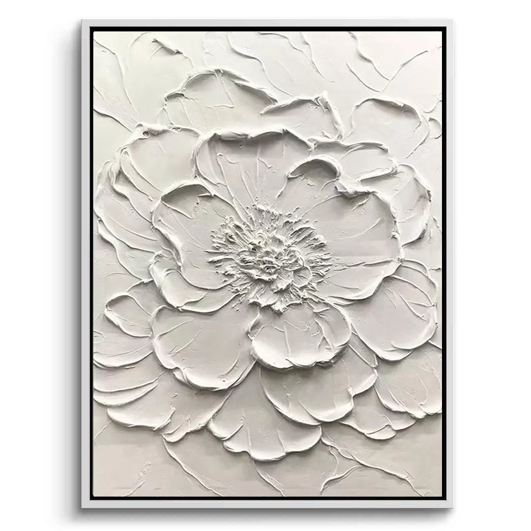 Hand-sculpted 3D textured floral relief art on a large plaster canvas, a sophisticated monochromatic statement for a luxury Dubai villa.
