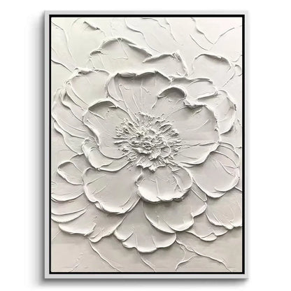 Hand-sculpted 3D textured floral relief art on a large plaster canvas, a sophisticated monochromatic statement for a luxury Dubai villa.