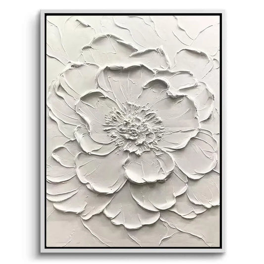 Hand-sculpted 3D textured floral relief art on a large plaster canvas, a sophisticated monochromatic statement for a luxury Dubai villa.