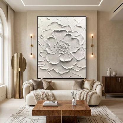 Elegant 3D textured floral relief painting with deep shadows and organic petal shapes, adding architectural depth to a modern Abu Dhabi home.