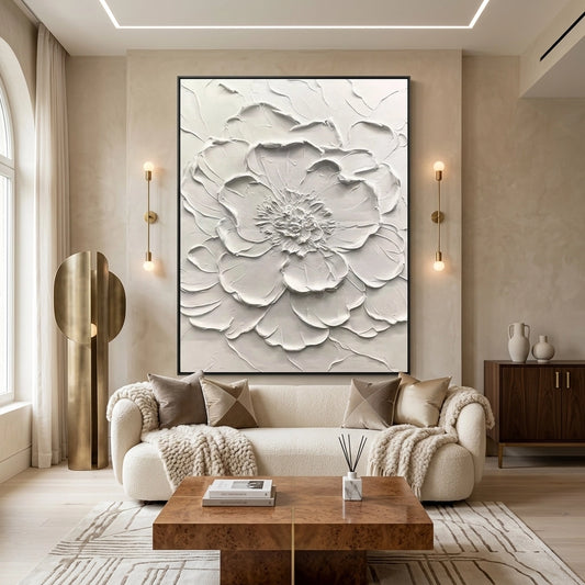 Elegant 3D textured floral relief painting with deep shadows and organic petal shapes, adding architectural depth to a modern Abu Dhabi home.