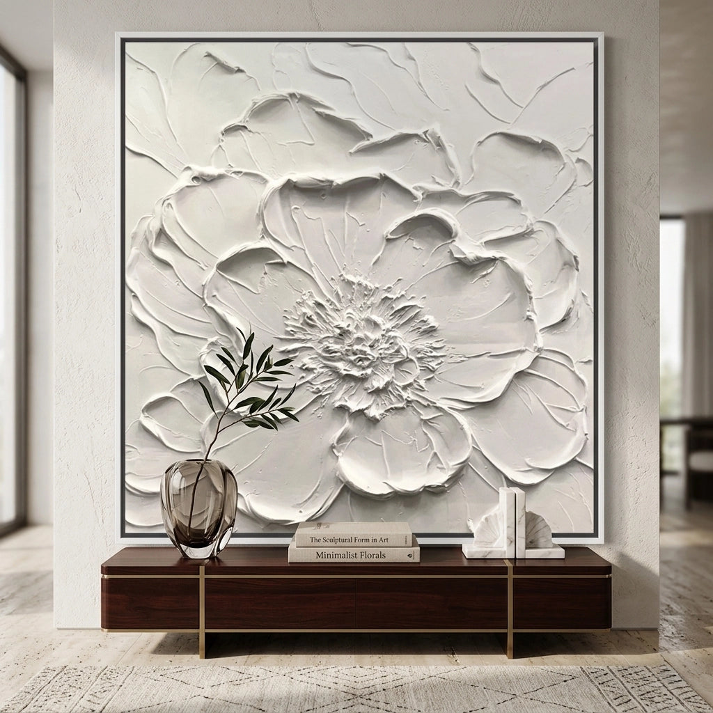 2Minimalist 3D textured floral relief wall art in matte off-white, premium sculptural decor available in the UAE.