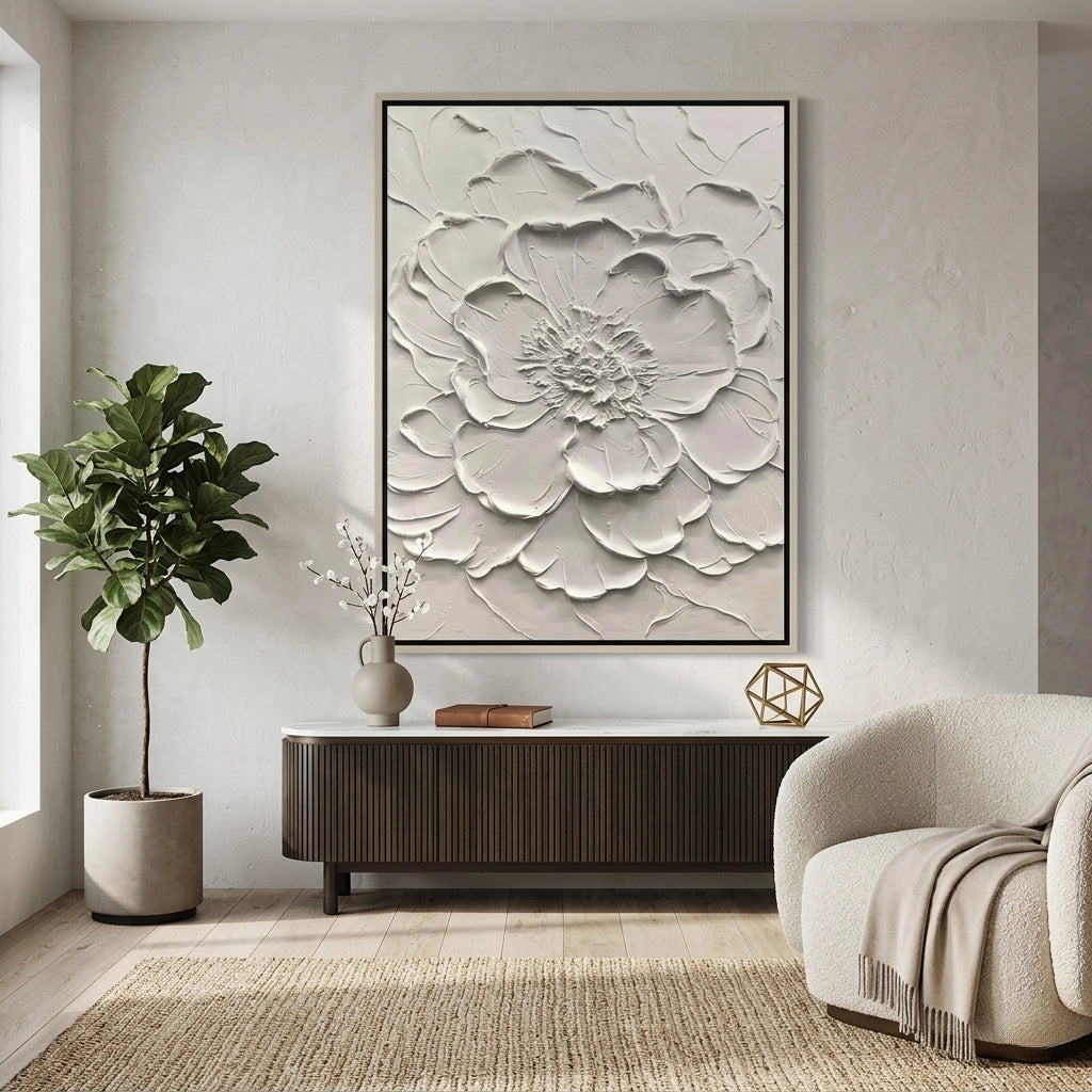 Bespoke sideboard featuring a 3D textured floral relief design on the doors, a unique handcrafted furniture piece for high-end UAE interiors.