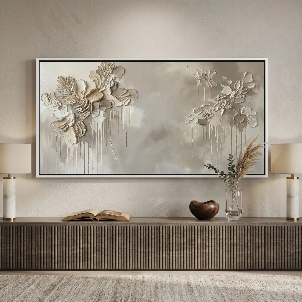 2Contemporary drip floral wall decor featuring soft hues and artistic texture, suited for elegant UAE living spaces