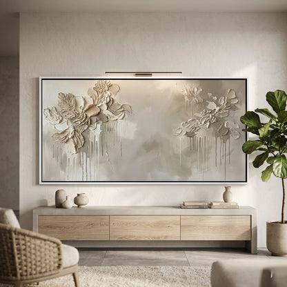 Abstract floral art print with fluid paint drips and subtle tones, enhancing modern and luxurious UAE home styling